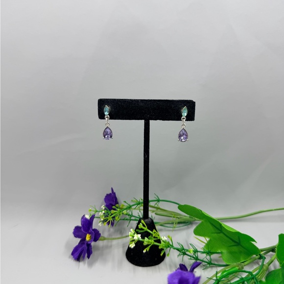 Silver Drop Earrings with Purple and Teal Crystal Gemstones - Picture 2 of 6